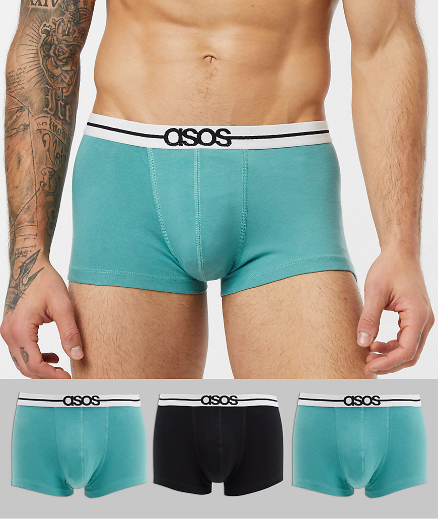 ASOS DESIGN 3 pack short trunks in green and black organic cotton with contrast white branded waistband-Multi