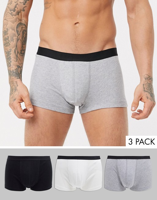 ASOS DESIGN 3 pack short trunks in monochrome in organic cotton save