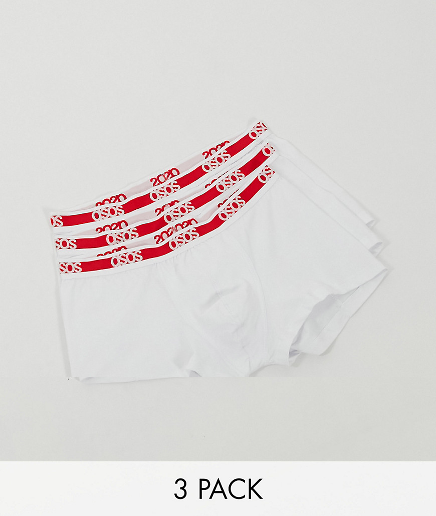ASOS DESIGN 3 pack short trunks in white with red waistband