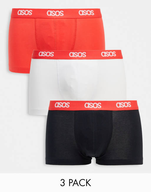 ASOS DESIGN 3 pack short trunks with red waistband