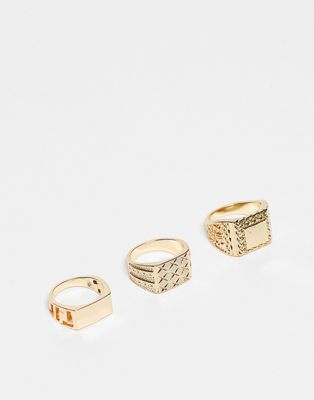 ASOS DESIGN 3 pack signet ring set in gold tone
