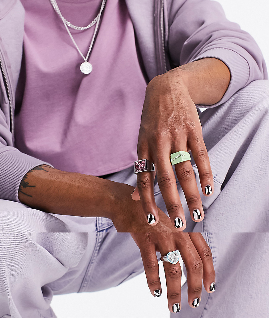 ASOS DESIGN 3 pack signet ring set with colorful jewel and crystals-Multi