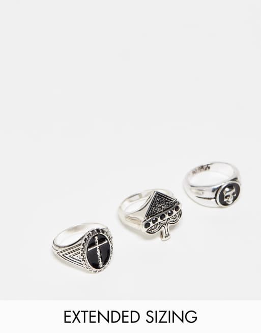 ASOS DESIGN 3 pack signet ring set with cross, ace of spades and skull in silver tone
