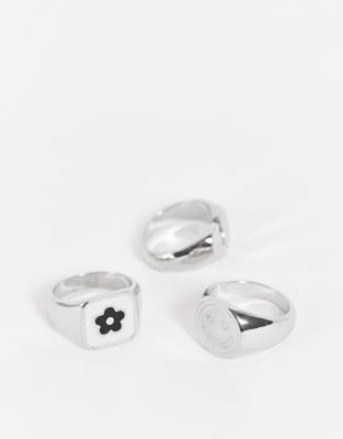 Asos Design 3 Pack Festival Signet Ring Set With Heart And Flower Design In Silver Tone