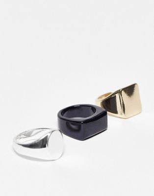 ASOS DESIGN 3 pack signet ring set with in silver gold and black tone