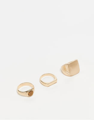 ASOS DESIGN ASOS DESIGN 3 pack signet ring set with semi-precious tigers eye stone in gold tone