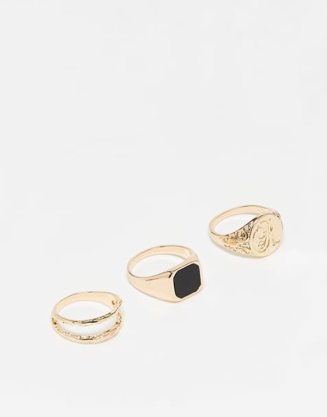 ASOS DESIGN 3 pack signet ring with black stone in gold tone - view 1