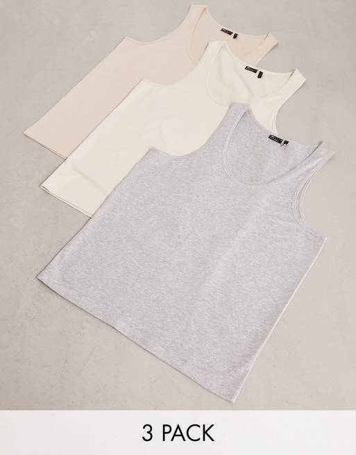 ASOS DESIGN 3 pack singlet with scoop neck in grey marl, beige and pink
