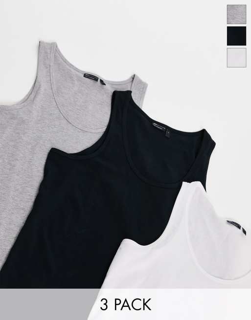 ASOS DESIGN 3 pack singlet with scoop neck in white, black and grey marl