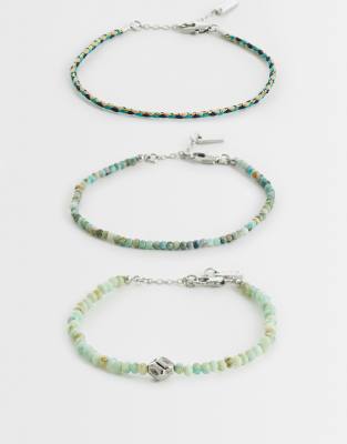 Asos Design 3 Pack Skinny Beaded And Rope Bracelets In Green