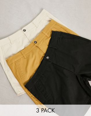 ASOS DESIGN 3 pack slim chino shorts in shorter length with elasticated  waist save