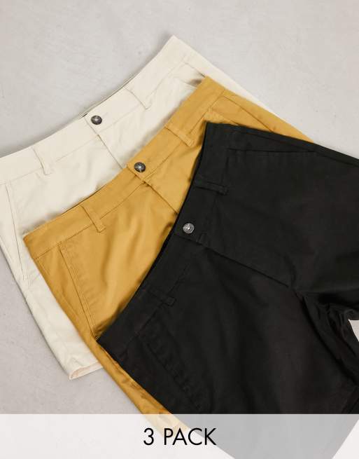 ASOS DESIGN 3 pack skinny chino shorts in shorter length in beige, tan and black 