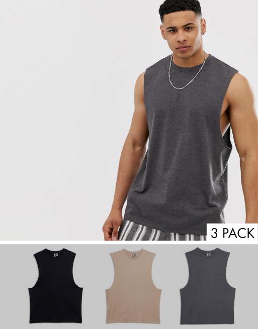 ASOS DESIGN 3 pack sleeveless tshirt with dropped armhole save ASOS