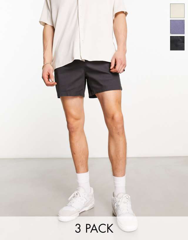 ASOS DESIGN 3-pack slim chino shorts in beige gray and washed black