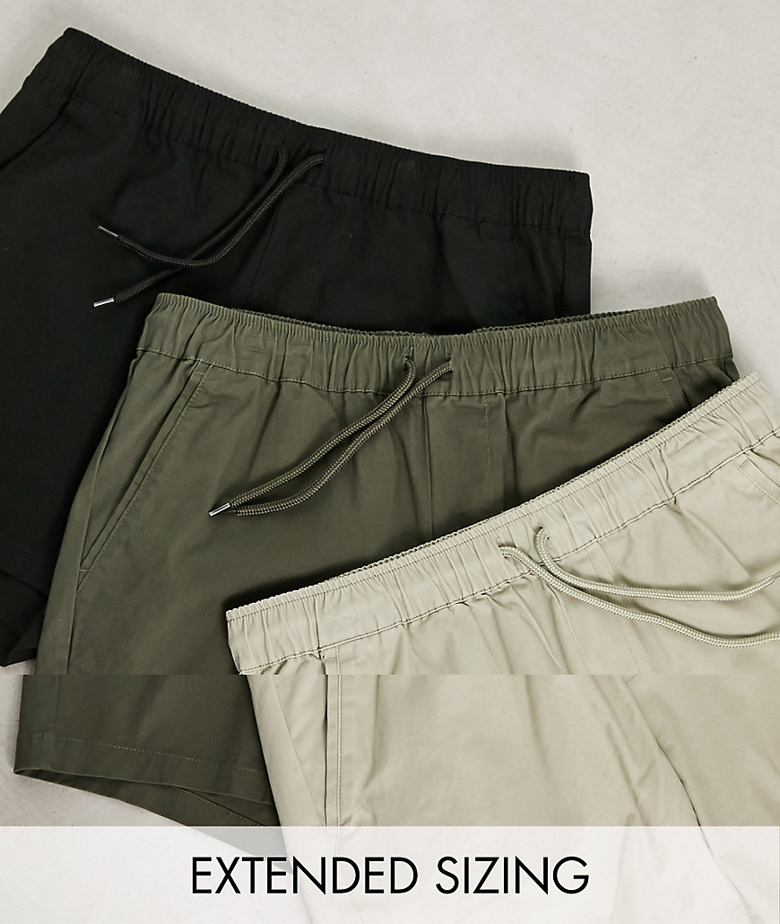 3 pack slim chino shorts in shorter length with elasticated waist save-Multi