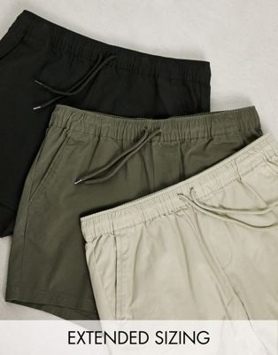 Asos Design 3 Pack Slim Chino Shorts With Elastic Waist Save-multi