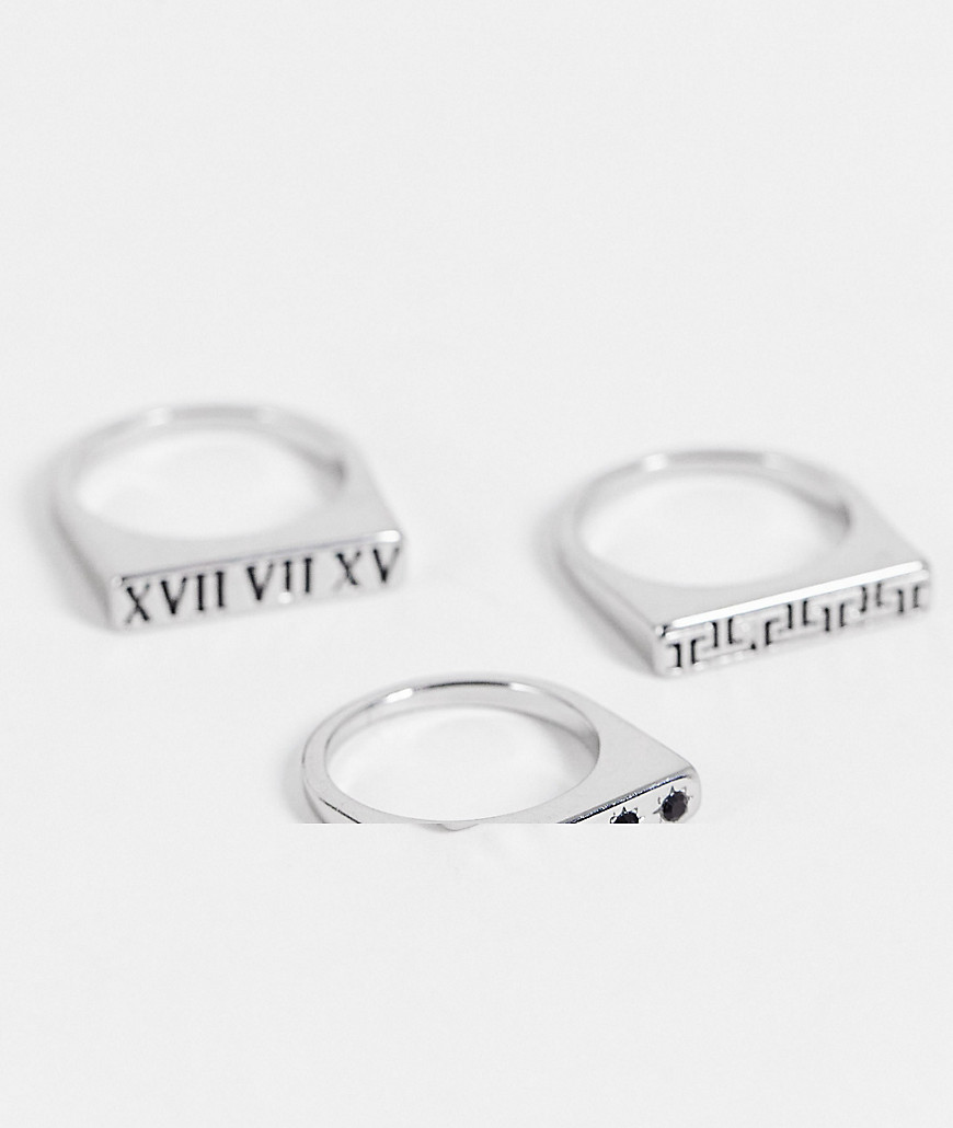 ASOS DESIGN 3 pack slim signet ring set with roman numerals and greek design in silver tone