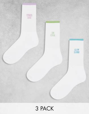 Asos Design 3 Pack Slogan Sock With Contrast Welt In White