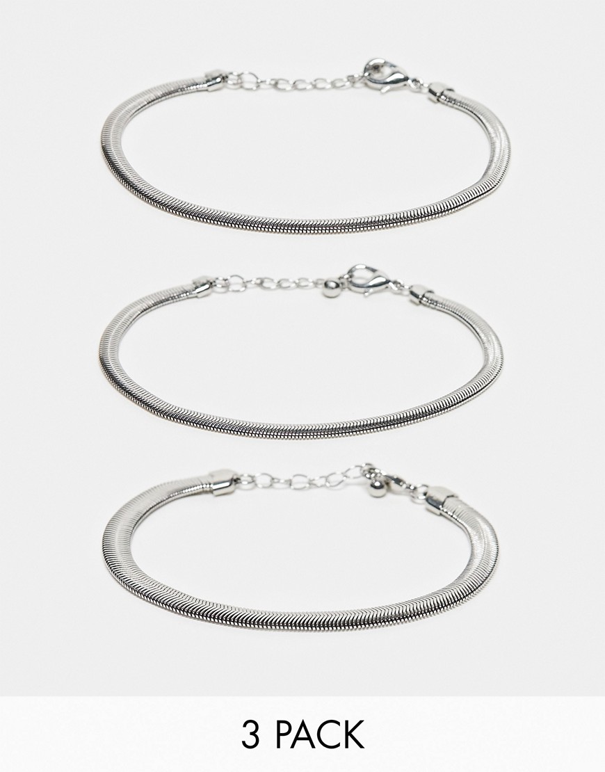 ASOS DESIGN 3 pack snake chain bracelet in silver tone