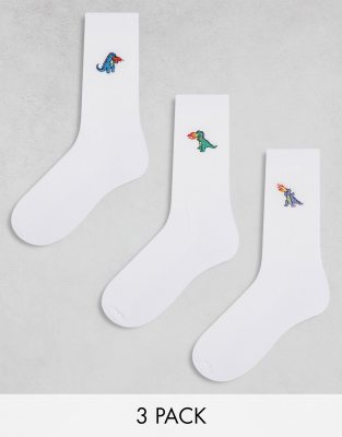 ASOS DESIGN 3 pack sock with dinosaur embroidery in white | ASOS