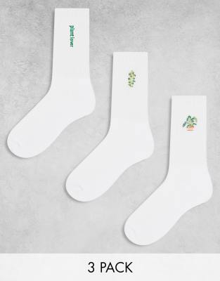 ASOS DESIGN 3 pack sock with plant embroidery in white | ASOS