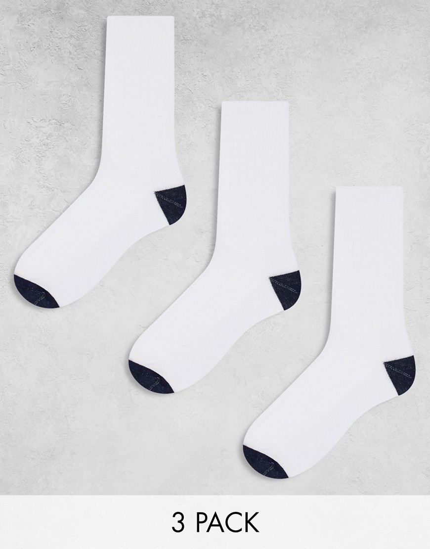 Asos Design 3 Pack Socks In White With Navy Heel And Toe Detail