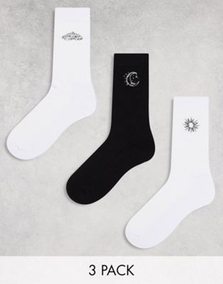 ASOS DESIGN 3 pack socks with celestial embroidery in white