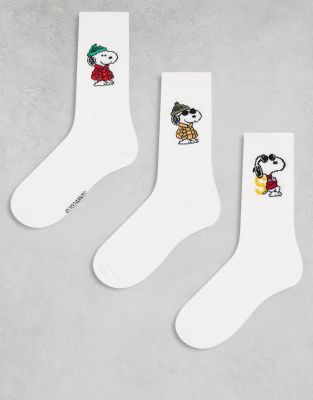 ASOS DESIGN 3 pack socks with cool Snoopy artwork in ecru-White