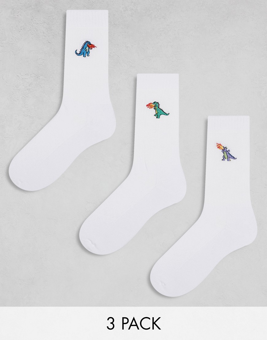 3 pack socks with dinosaur embroidery in white