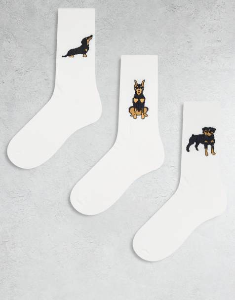 ASOS DESIGN 3 pack socks with dog graphic in white - view 1