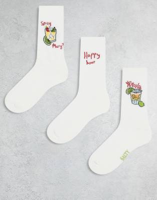 Asos Design 3-pack Socks With Drink Embroidery In White