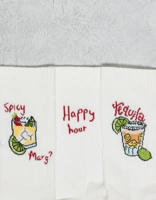 Asos Design 3-pack Socks With Drink Embroidery In White