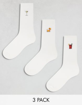 ASOS DESIGN 3 pack socks with drinks embroidery in ecru | ASOS