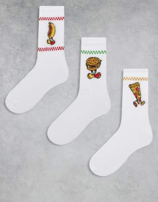 Asos Design 3 Pack Socks With Fast Food Characters With Embroidery In White