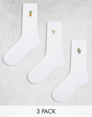 ASOS DESIGN 3 pack socks with houseplant embroidery in white | ASOS