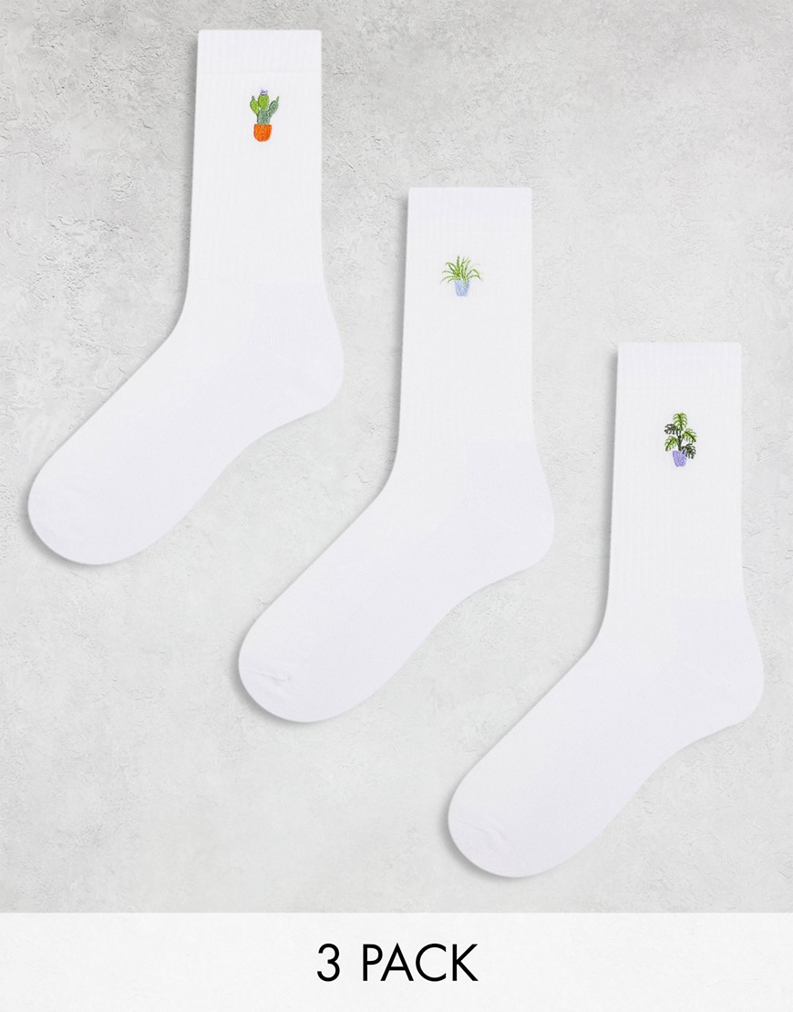 ASOS DESIGN 3 pack socks with houseplant embroidery in white