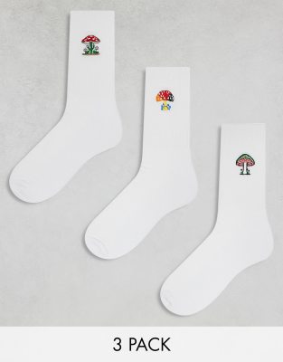 ASOS DESIGN 3 pack socks with mushroom embroidery in white | ASOS