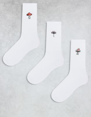 ASOS DESIGN 3 pack socks with mushroom embroidery in white-Black