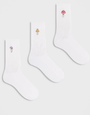 Asos Design 3-pack Socks With Mushroom Embroidery In White
