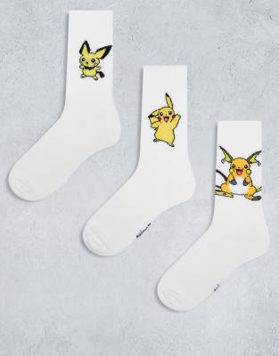 ASOS DESIGN 3 pack socks with Pokémon character icons in white | ASOS