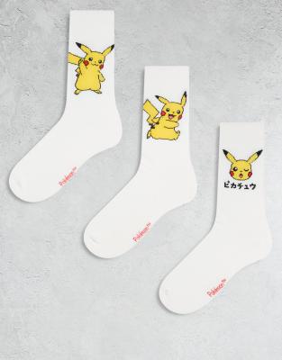 Asos Design 3-pack Socks With Pokemon Graphic In White