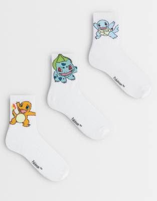 Asos Design 3-pack Socks With Pokemon Graphic In White
