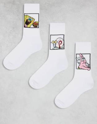 ASOS DESIGN 3 pack socks with Spongebob characters in white