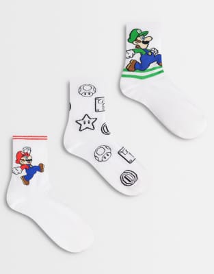 Asos Design 3 Pack Socks With Super Mario Graphic In White