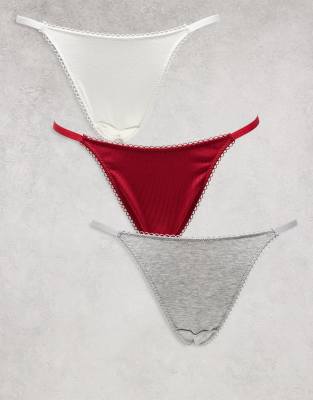ASOS DESIGN 3 pack soft rib tanga thong with picot trim in white, burgundy and grey marl - view 1