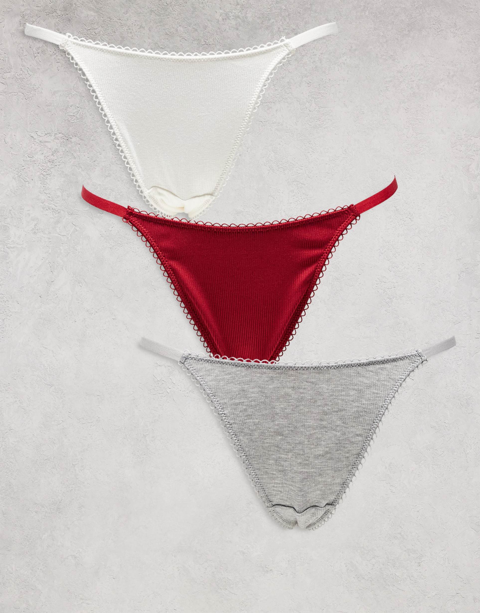 asos design 3-pack soft rib tanga thongs with picot trim in white, burgundy and gray heather