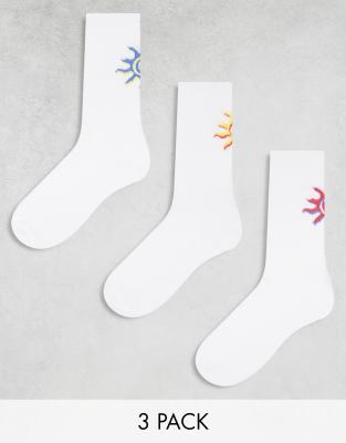 ASOS DESIGN 3 pack sport socks with sun embroidery in white | ASOS