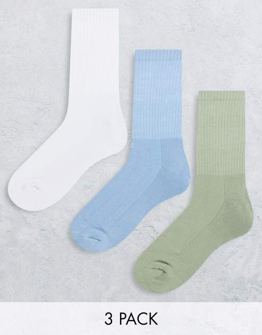 ASOS DESIGN 3 pack sport socks with terry sole in sage blue and white