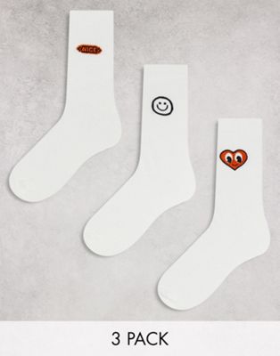 ASOS DESIGN 3 pack sports socks in off-white with embroidery detail
