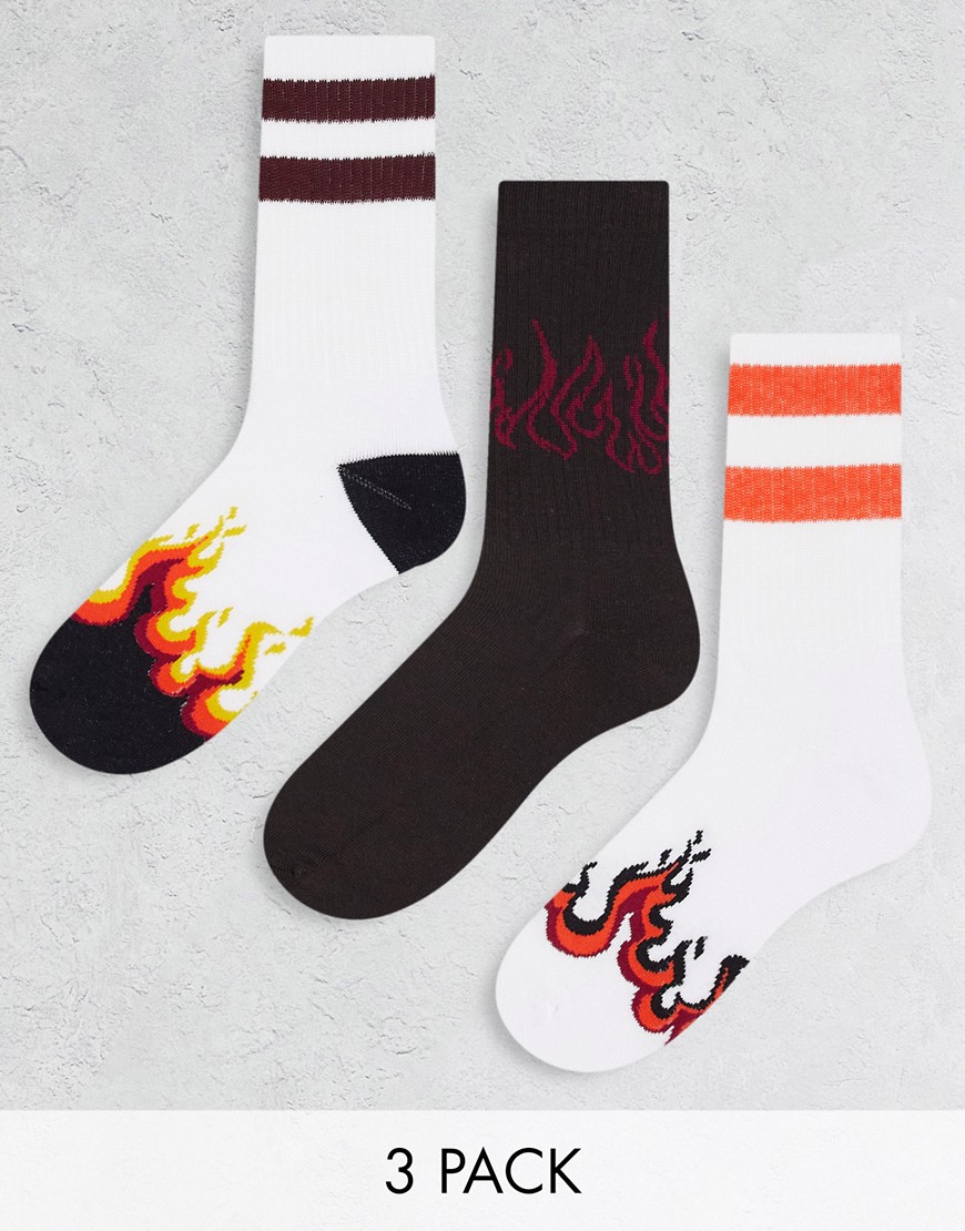 ASOS DESIGN 3 pack sports socks with flame and stripes-Black